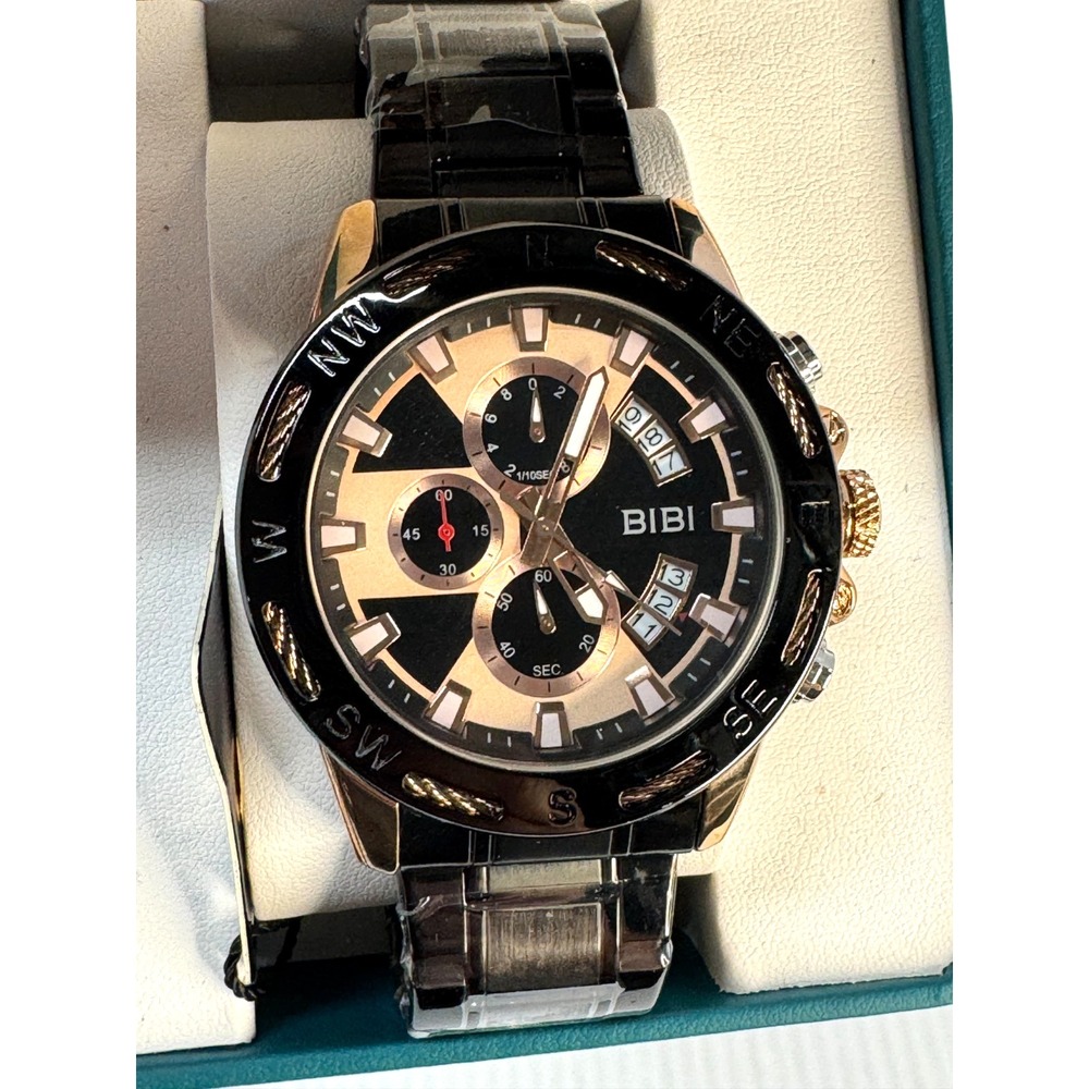 BIBI Men's Quartz Watch Black Dial Metal Band Dual Date New in Box